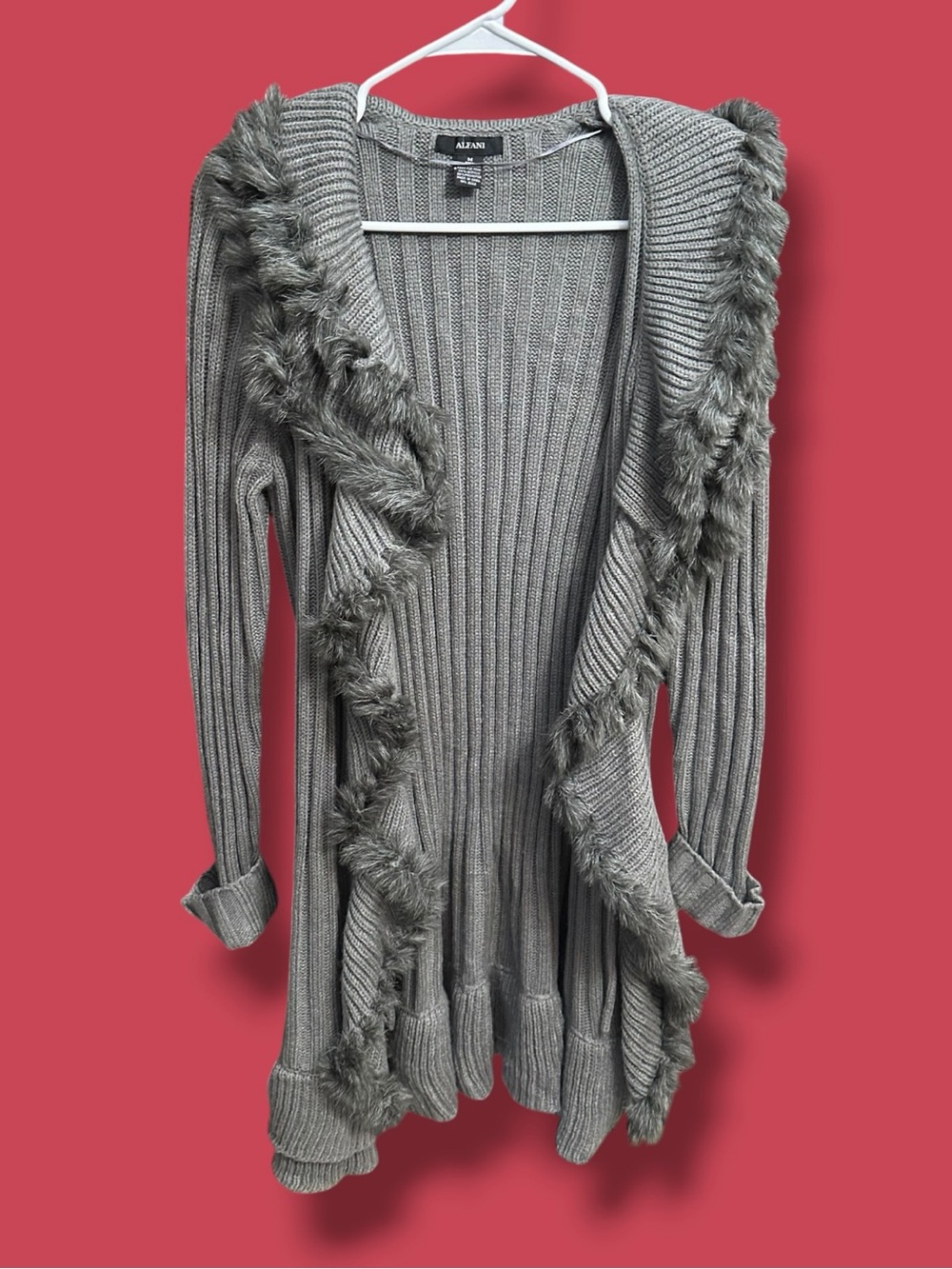 Alfani Gray Ribbed Open-Front Cardigan with Faux-Fur Trim